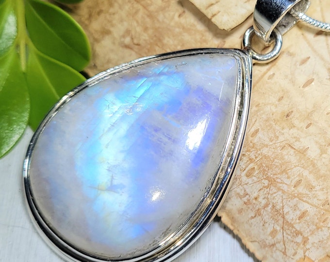Natural Top Quality Blue Flash Pear Rainbow Moonstone .925 Sterling Silver Pendant Measures 2" x 1 1/8" Weighs 14 Grams CB04