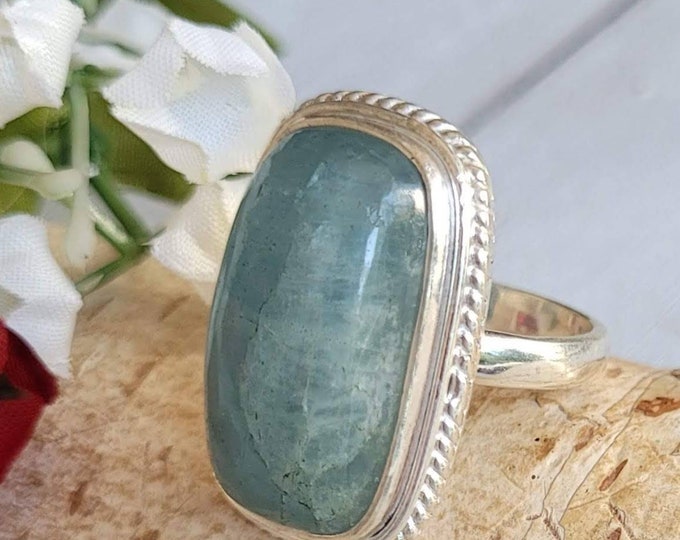 Natural Aquamarine Sterling Silver Ring, Aquamarine Boho Ring, Statement Ring; CX Handmade Ring, Premium Quality Aquamarine Ring Size 7