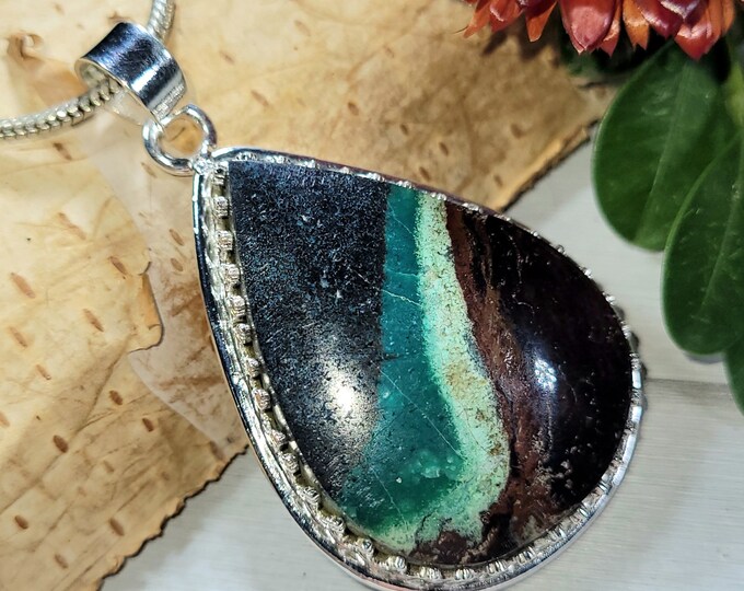 Natural Premium Grade Blue Opalized Petrified Wood Pear Handmade .925 Sterling Silver Pendant 2" x 1 1/8" 14 grams CT23