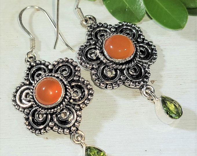 Natural High Quality Carnelian, Peridot .925 Sterling Silver Earrings 11 Grams 2 1/4" x 1" C34