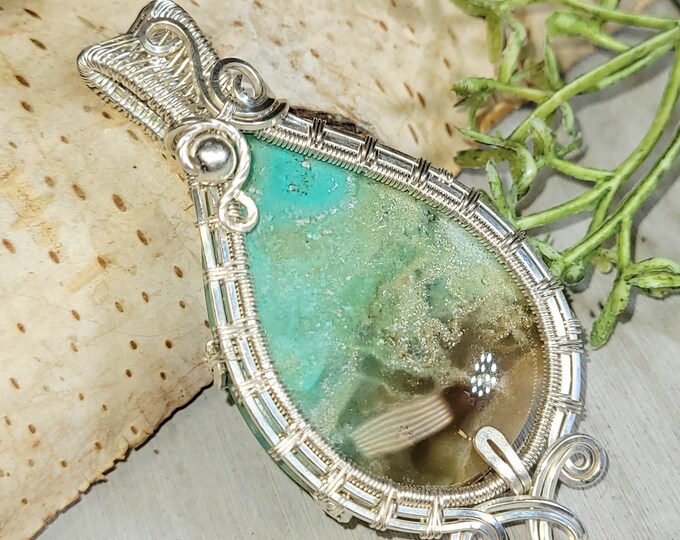 Blue Opalized Wood Pendant, Blue Opalized Wood Wire Wrapped Sterling Silver Pendant, Petrified Wood Pendant, Handmade Pendant, HH13