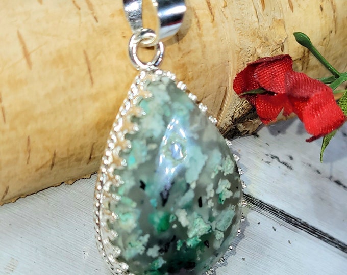 Chalcedony Chrysocolla Native copper Blue Opal Pendant, chysocolla copper Pendant, .925 Sterling Silver Blue Opalized Petrified Pendant,