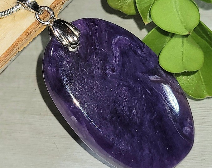 Natural AAA Charoite Cabochon .925 Sterling Silver Pendant 1 5/8" x 13/16" EM15 "Rhodium Plated Sterling Silver Bail"