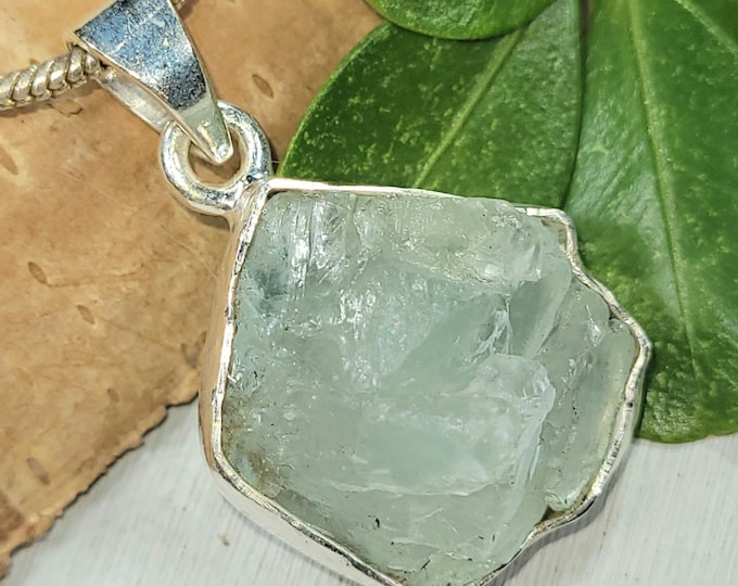 Natural Genuine Large Raw Aquamarine Rough Cut Handcrafted  .925 Sterling Silver Pendant 3/4" X 3/4" 5.3 Grams FW02