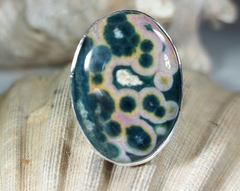 Natural Premium Grade Ocean Jasper Ring, Genuine Ocean Jasper Ring set in .925 Sterling Silver, Size 7 1/2