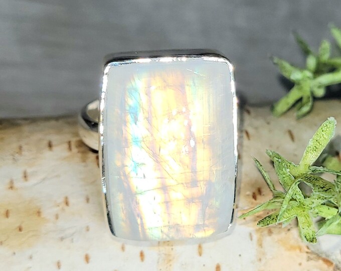 Moonstone Ring, Rainbow Moonstone Sterling Silver Ring, Premium Grade Moonstone Ring, Size 8.5, Statement Ring, Handmade Ring, GJ