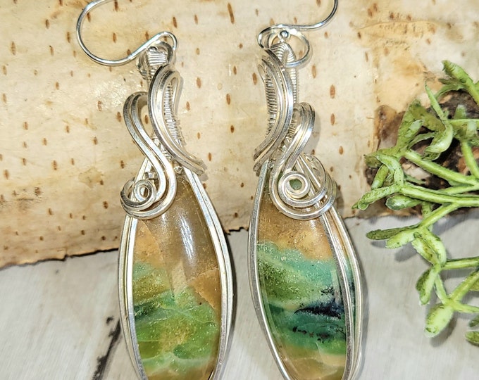Blue Opalized Wood Wire Wrapped Earrings, Petrified Wood Earrings, Sterling Silver Blue Opalized Wood Wire Wrapped Earrings, HH18