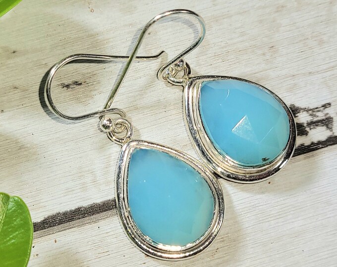 Natural Checkerboard Blue Chalcedony .925 Sterling Silver Earrings 1 3/8" x 5/8" 7 Grams EK25