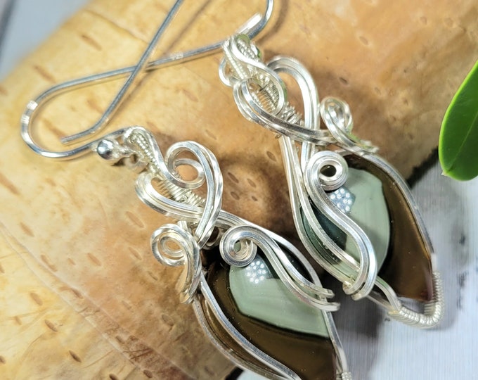 Natural Polychrome Jasper Pear Wire Wrapped .925 Silver Earrings, Sterling Silver Wire Wrapped Earrings, Handmade Stone Jewelry FK07