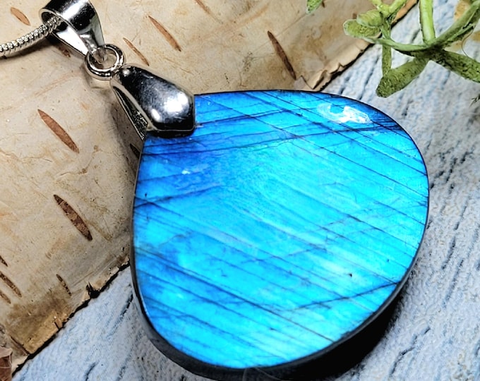 Labradorite Sterling Silver Pendant:  Blue Labradorite Pendant, Pear Labradorite Pendant; KA05