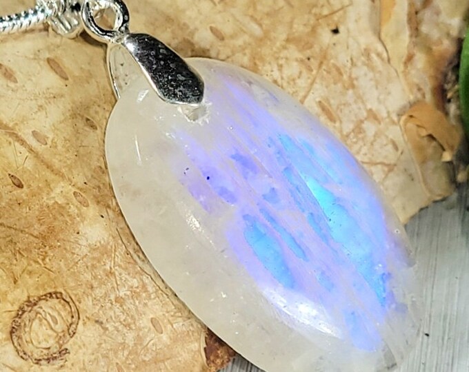 Natural High Quality Rainbow Moonstone Oval Cabochon 50ct .925 Sterling Silver Pendant 1 3/8" x 5/8" AT40 Sterling Silver Bail