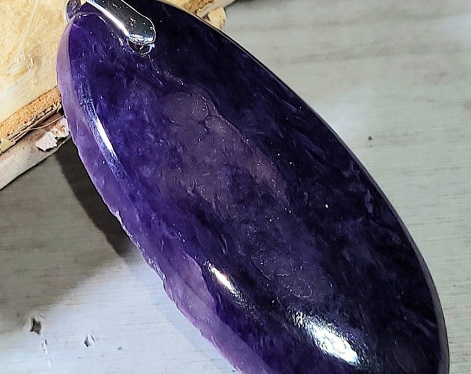 Natural AAA Charoite Oval Cabochon .925 Sterling Silver Pendant  2" x 3/4" EG20 Sterling Silver Bail