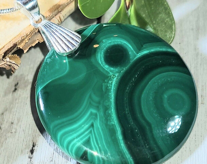 Natural AAA Grade Malachite Round Cabochon .925 Sterling Silver Pendant 1 7/8" x 1 3/8" EP04 Sterling Silver Heavy Duty Designer Bail