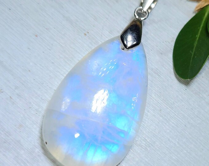 Moonstone Pendant, Rainbow Moonstone Pear Cabochon Sterling Silver Pendant, Multi Color Flash, Gift for Her, Handmade Pendant, DN42