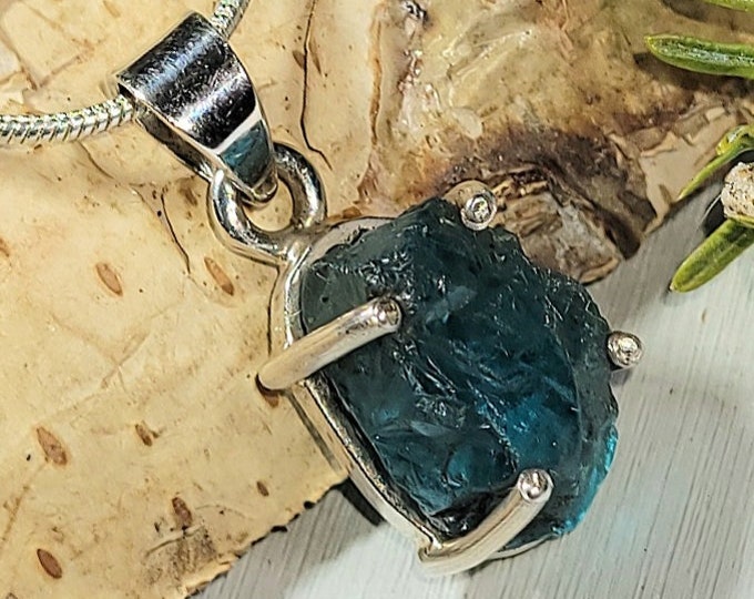 Natural Raw Apatite Rough Cut Handcrafted .925 Sterling Silver Pendant Weighs 4 Grams Measures 1" X 7/16" AL14