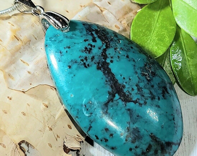 Natural High Quality Spiderweb Turquoise Oval Handmade Cabochon .925 Sterling Silver Pendant 2 1/8" x 1" EP32 Rhodium Plated