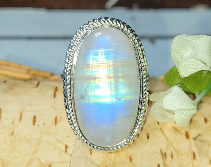 Natural Premium Grade Oval Rainbow Moonstone Handmade .925 Sterling Silver Ring Size 7 Genuine High Quality Moonstone DC Gift for Her