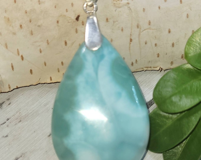 Natural Hig Grade Dominican Larimar Cabochon .925 Sterling Silver Pendant 2" x 1" 11 Grams CU60 Heavy Duty Sterling Silver Bail Gift for Her