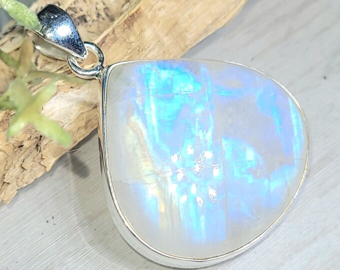 Moonstone Pendant, Rainbow Moonstone Pear Cabochon Sterling Silver Pendant, Multi Color Flash, Gift for Her, Handmade Pendant, GE01