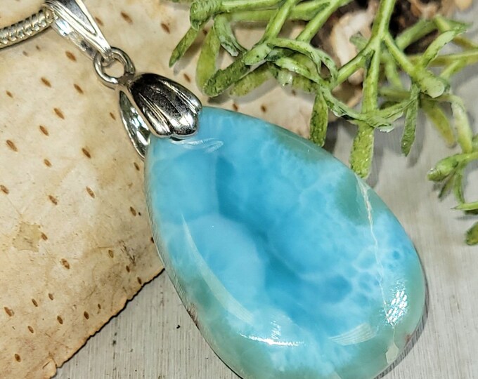 Larimar Pendant, Larimar Sterling Silver Pendant, Pear Larimar Sterling Silver Pendant, Handmade Larimar Pendant, Gift for Her, HJ18