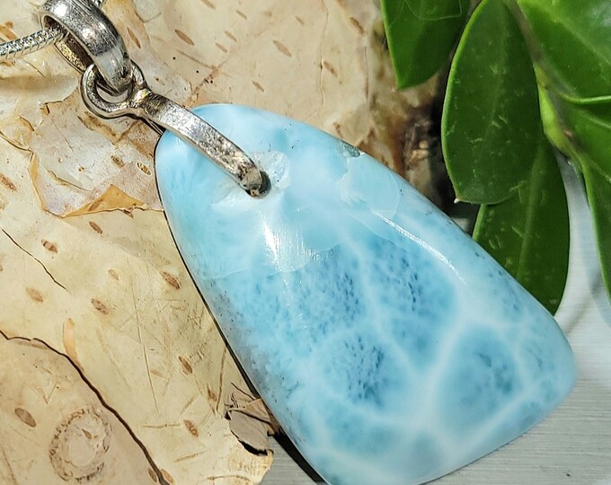 Natural Top Quality Larimar Cabochon .925 Sterling Silver Pendant 1 13/16" x 3/4" 8 Grams EE14 Sterling Silver Heavy Duty Bail