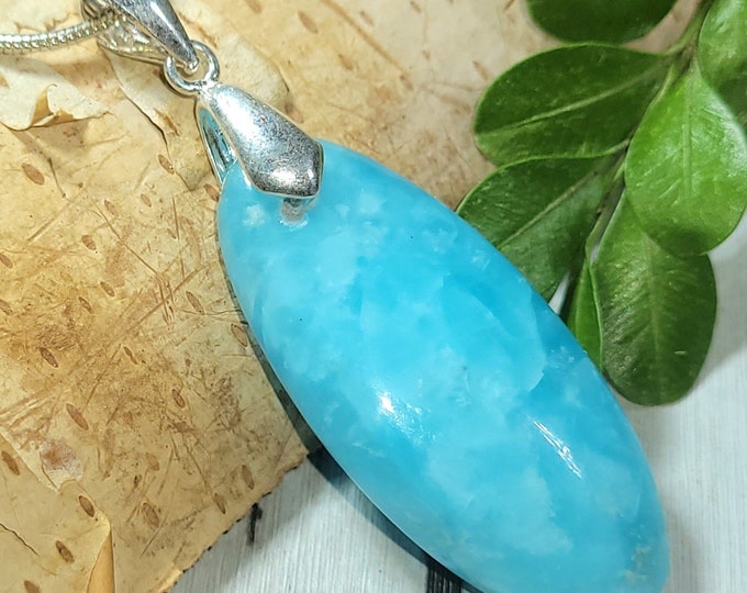 Natural Rare Grade Hemimorphite Oval Cabochon Handmade .925 Sterling Silver Pendant 2" x 5/8" AR35 Sterling Silver Bail