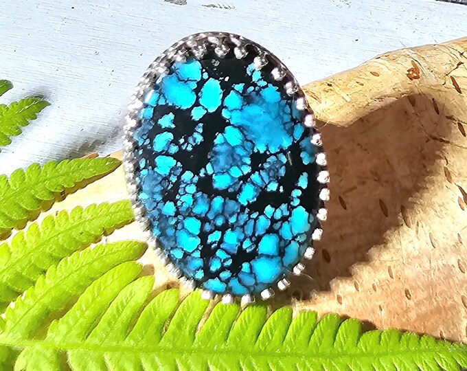Natural Best Grade Tibet Turquoise Handmade .925 Sterling Silver Ring Size 7.75 9.5 Grams Face 1 5/16" x 7/8" FK40