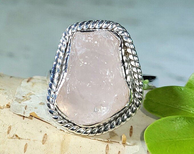 Natural High Quality Raw Rough Cut Rose Quartz Handmade .925 Sterling Silver Ring Size 8 6 Grams 7/8" x 11/16" CD18