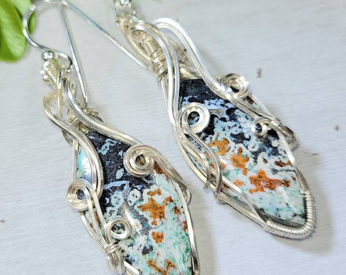 Natural Ocean Jasper Pear Wire Wrapped .925 Silver Earrings, Sterling Silver Wire Wrapped Earrings, Handmade Ocean Jasper Earrings, FA09