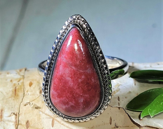Natural Premium Grade Thulite Pear Handmade .925 Sterling Silver Ring Size 8.5 7 Grams 1" x 5/8" AN39