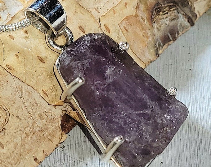 Large Raw Amethyst Rough Cut Handcrafted .925 Sterling Silver Pendant 1 3/8" X 5/8" AM18 5 grams