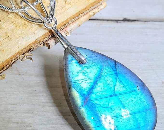 Natural AAA Blue Flash Labradorite Pear Cabochon .925 Sterling Silver Pendant  2 1/4" x 1" EG24 Heavy Duty Designer Bail