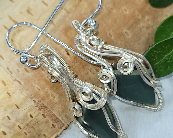 Natural Polychrome Jasper Pear Wire Wrapped .925 Silver Earrings, Sterling Silver Wire Wrapped Earrings, Handmade Stone Jewelry FF15