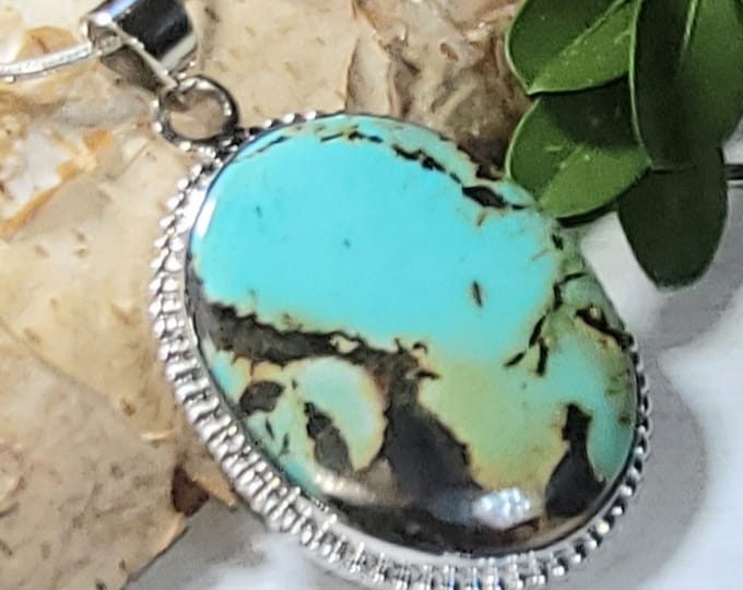 Natural High Grade Tibet Turquoise .925 Sterling Silver Pendant 11 grams 1 13/16" x 1" AF39 Greenish Blue