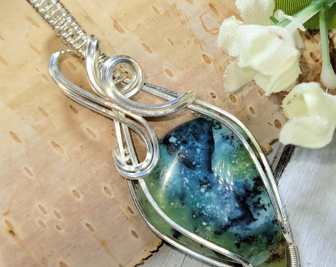 Blue Opalized Wood Pendant, Blue Opalized Wire wrapped pendant, Petrified wood opal pendant, Sterling Silver wire wrapped pendant, DG29