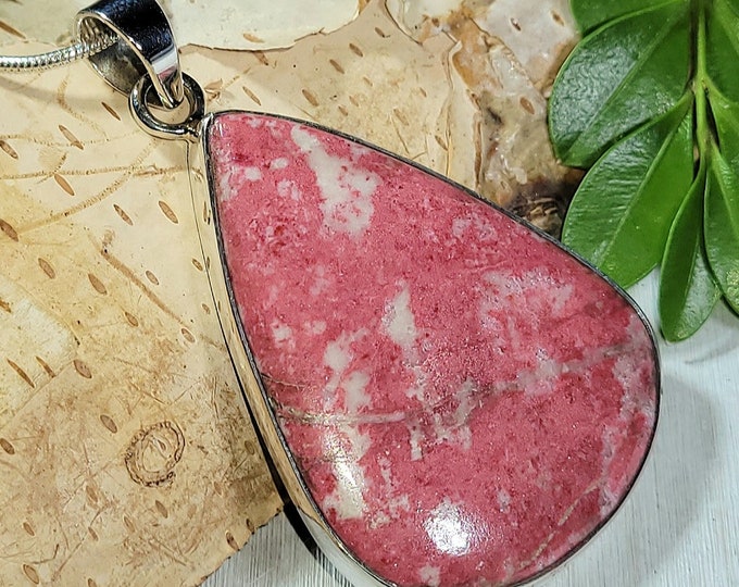 Natural Best Grade Pink Thulite Handmade Pear .925 Sterling Silver Pendant 2 1/8" x 1 1/4" 15 Grams AN35