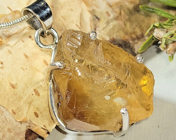 Natural Large Raw Citrine Rough Cut  .925 Sterling Silver Pendant 1 5/8" X 1 1/8" AL25 16 grams Handcrafted