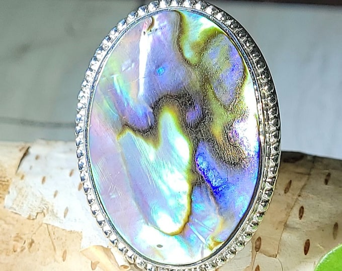 Natural Multi Color Large Abalone Shell .925 Sterling Silver Ring Size 7 12 Grams Face Measures 1 1/4" x 7/8" EM21