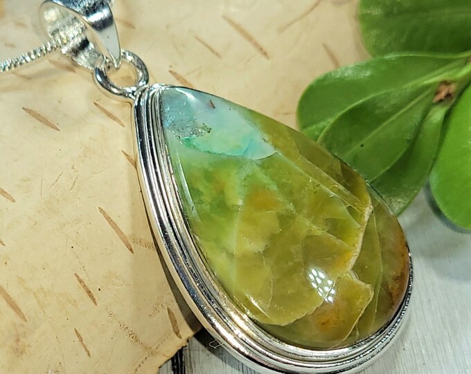 Natural Premium Grade Blue Opalized Wood Pear Handmade .925 Sterling Silver Pendant 1 11/16" x 7/8" 8 grams CM14