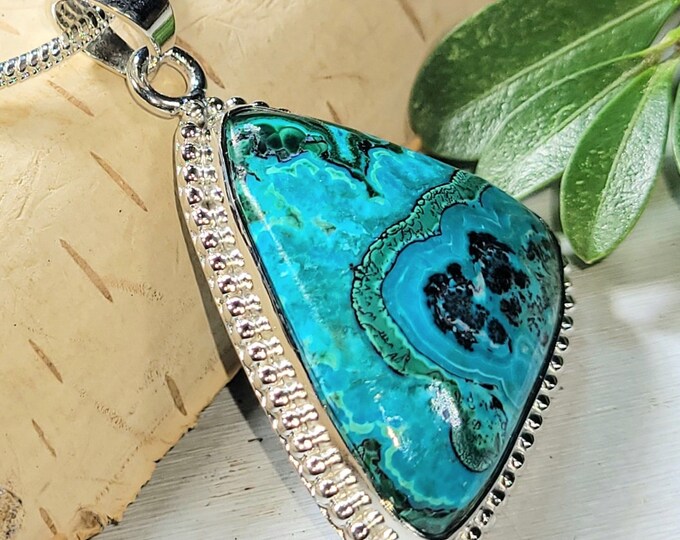 Natural High Grade Chrysocolla Malachite Freeform .925 Sterling Silver Pendant Weighs 9 Grams Measures 1 3/4" x 1 1/8" CN38