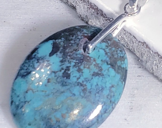 Natural Top Grade Tibet Turquoise Oval Cabochon .925 Sterling Silver Pendant 1 5/8" x 7/8" EA2(13) Heavy Duty Bail