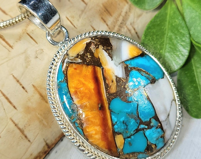 Spiny Oyster Turquoise Pendant, Spiny Oyster Turquoise w/copper, Sterling Silver Pendant, Spiny turquoise pendant, Handmade Pendant BA04