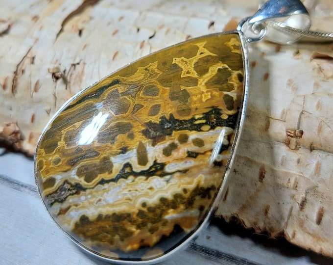 Natural Premium Grade Ocean Jasper Handmade Pear-Shaped Pendant .925 Sterling Silver Setting Pendant GM14
