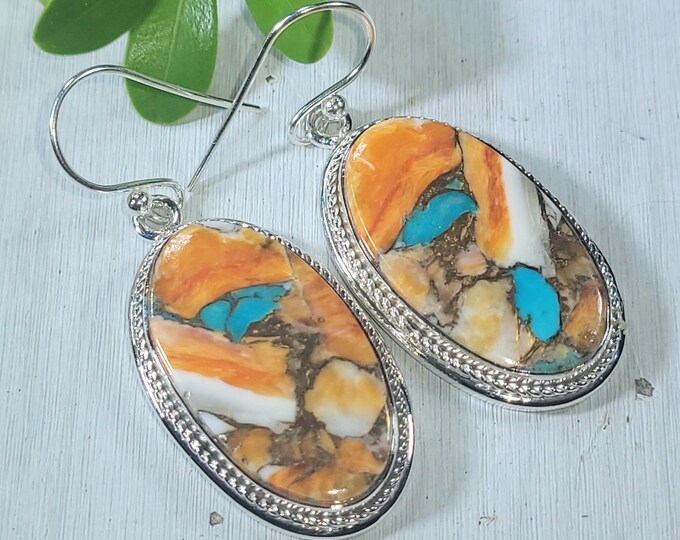 Natural High Grade Spiny Oyster Turquoise Oval .925 Sterling Silver Earrings 13 Grams 1 3/4" x 3/4" CM03 Gift for Her Genuine Turquoise