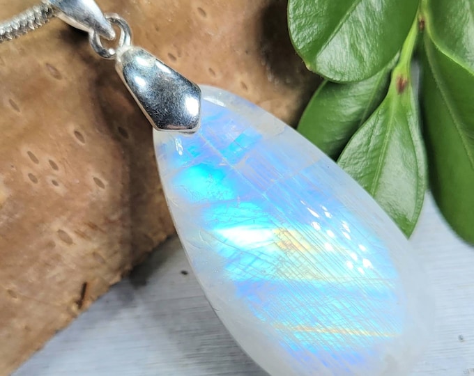 Moonstone Pendant, Rainbow Moonstone Pear Cabochon Sterling Silver Pendant, Blue Color Flash, Gift for Her, Handmade Pendant, FJ20