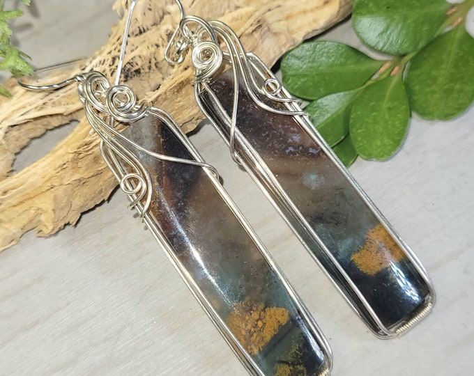 Moss Agate Earrings, Moss Agate Wire Wrapped Earrings, Sterling Silver Wire Wrapped Earrings, Multi-Color Moss Agate Wire Wrap Earrings GE12