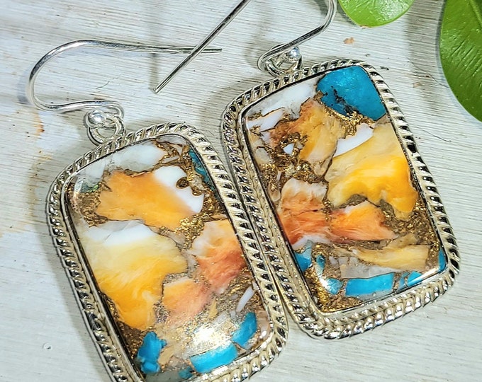 Natural Top Quality Spiny Oyster Turquoise .925 Sterling Silver Earrings 13 Grams 1 3/4" x 3/4" EN12