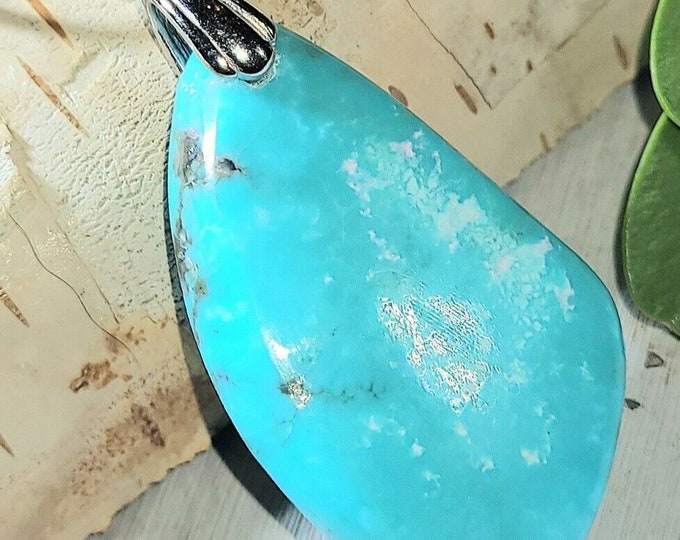 Natural High Grade Arizona Kingman Turquoise Freeform Cabochon .925 Sterling Silver Pendant 1 3/4" x 7/8" EP21 Rhodium Plated Bail