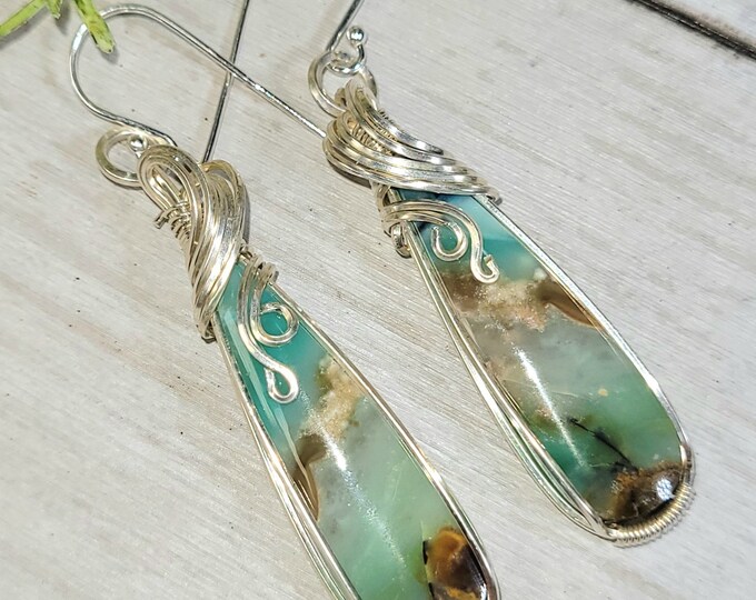 Blue Opal Earrings, Petrified Wood Earrings, Sterling Silver Blue Opalized Petrified Earrings, Sterling Silver Blue Opal Earrings GE37