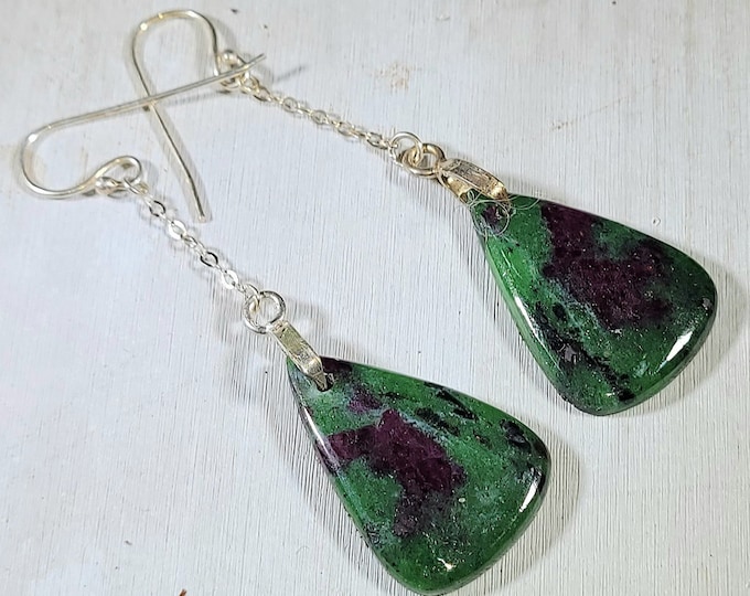 Natural Premium Ruby Zoisite .925 Sterling Silver Dangle Earrings 2 1/2" x 3/4" EG34